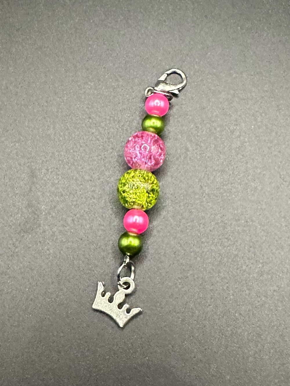 Zipper Pull Pink & Green Beaded Crown Charm
